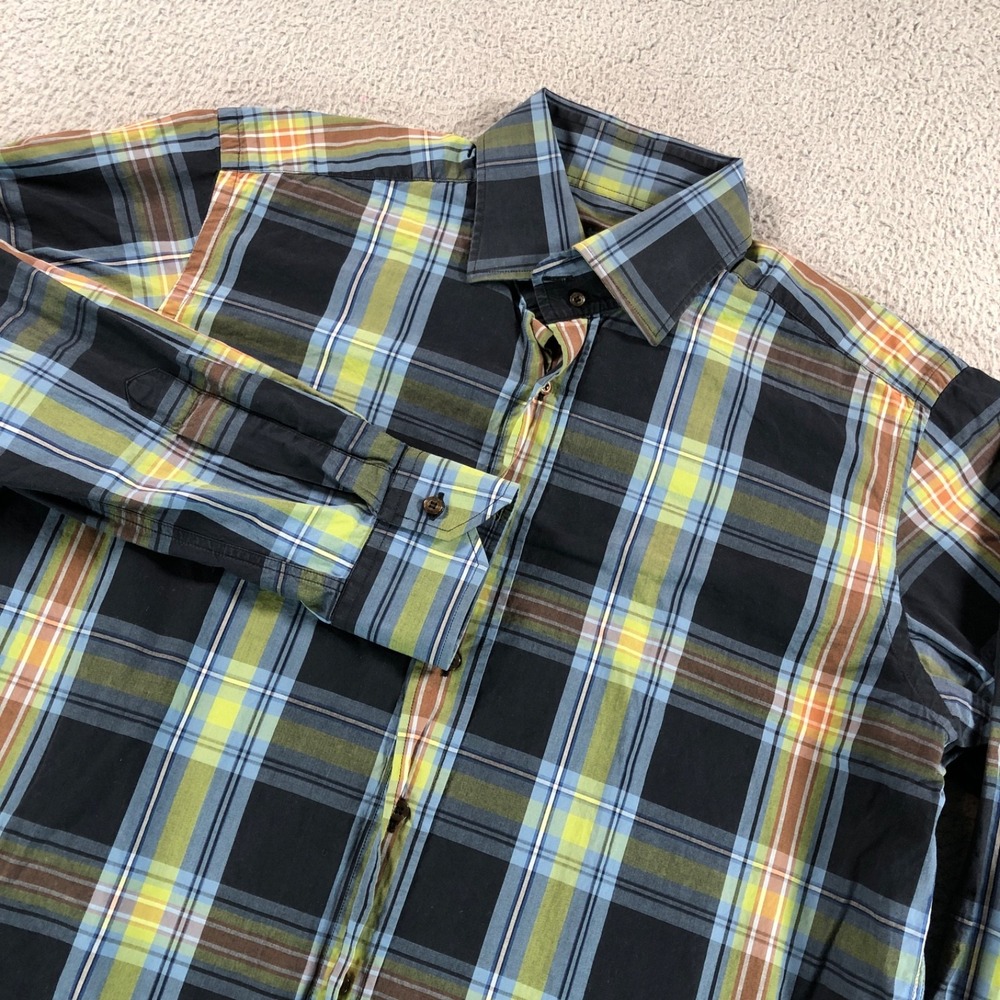 Etro Shirt Mens 42 Large Blue Yellow Plaid Long Sleeve Cotton Button Up Italy